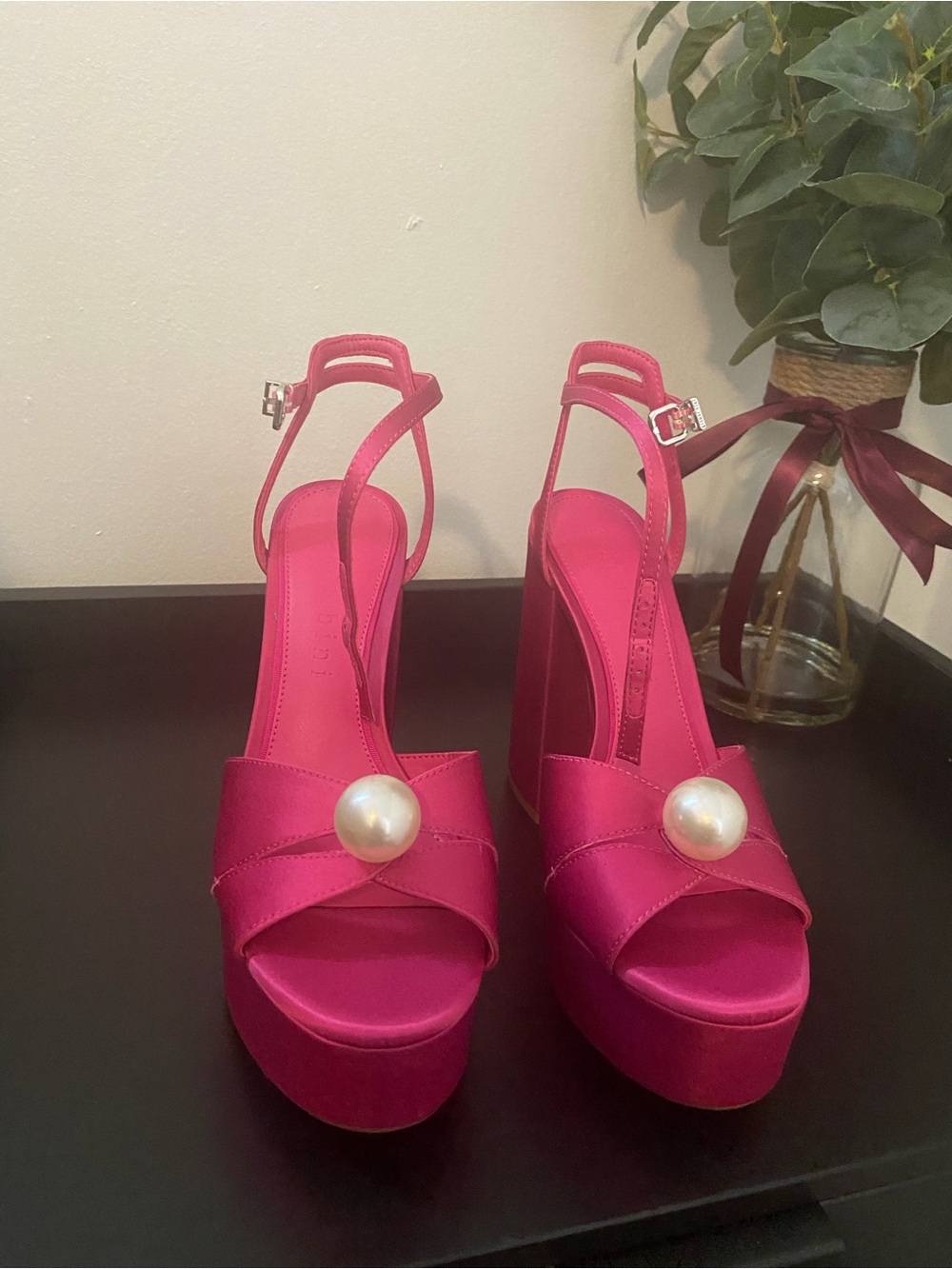 Women’s Pink Platform Sandals with Pearl Accent